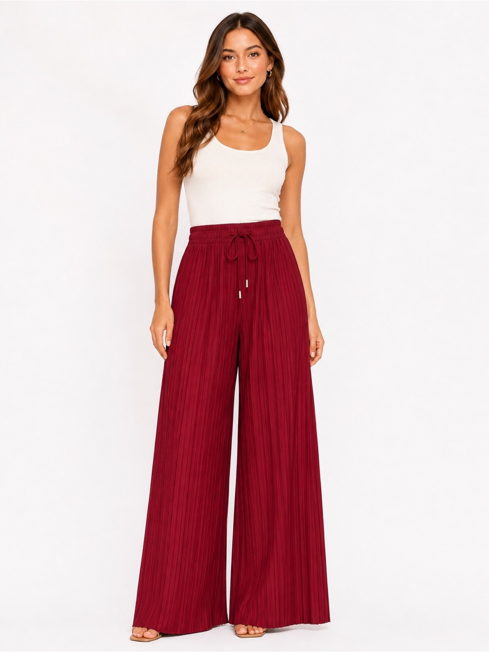 Red Burgundy Wine Pleated Wide Leg Palazzo Pants High Rise Flowy Drawstring OS
